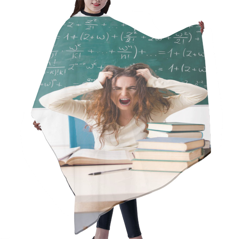 Personality  Young Female Math Teacher In Front Of Chalkboard   Hair Cutting Cape