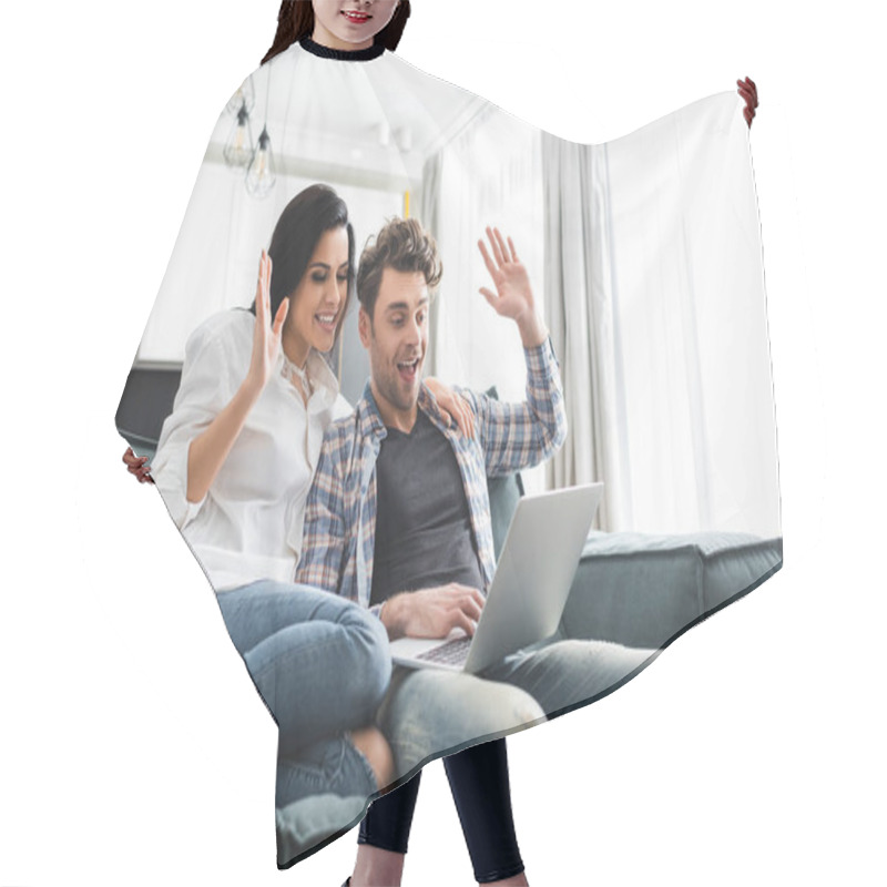 Personality  Smiling Couple Having Video Call On Laptop In Living Room Hair Cutting Cape