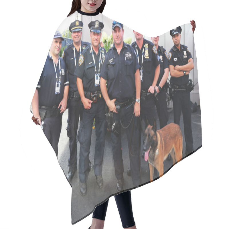 Personality  NYPD Transit Bureau K-9 Police Officers And K-9 Dog Providing Security At National Tennis Center During US Open 2014 Hair Cutting Cape