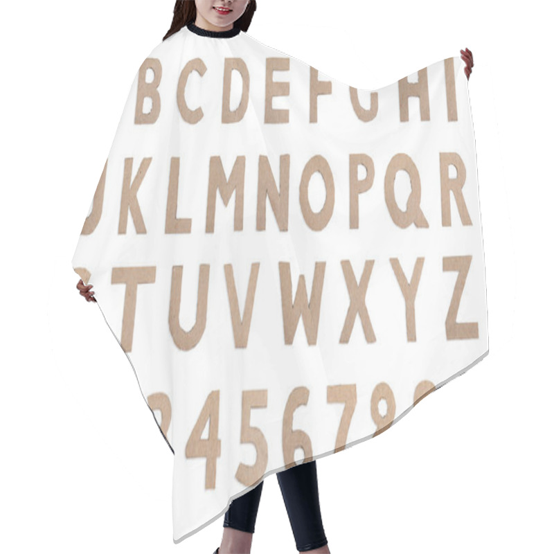 Personality  Collage With Letters And Numbers Made Of Cardboard On White Background Hair Cutting Cape