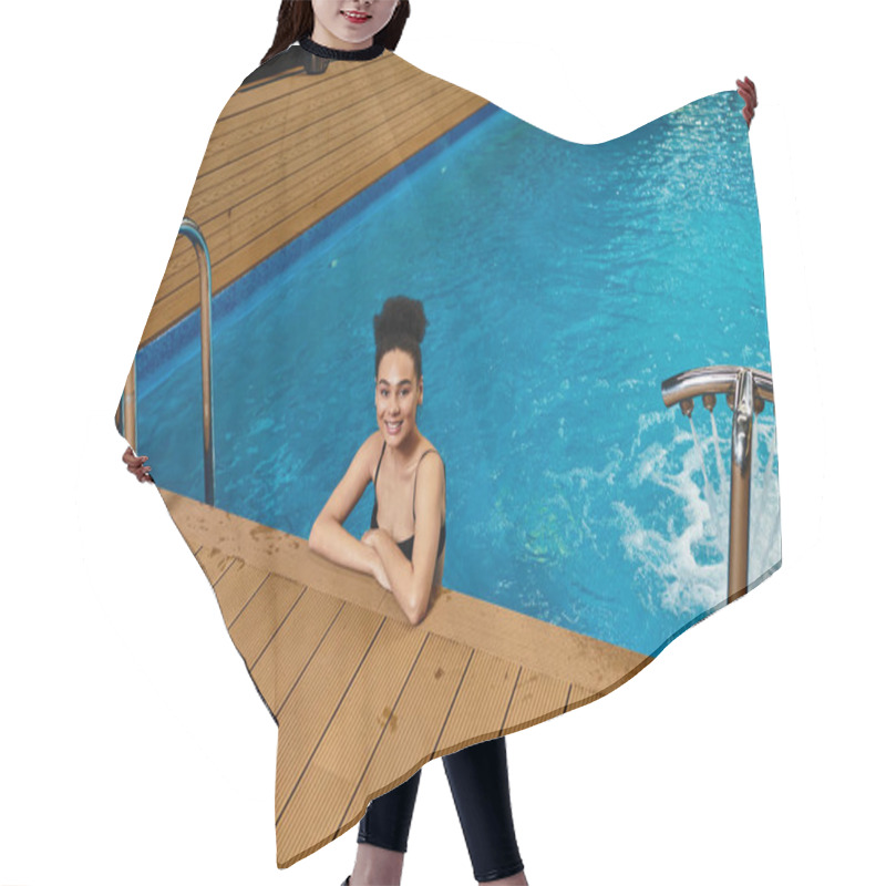 Personality  Young Woman Relaxes In The Tranquil Water Of A Spa Pool, Embracing Peace And Rejuvenation. Hair Cutting Cape