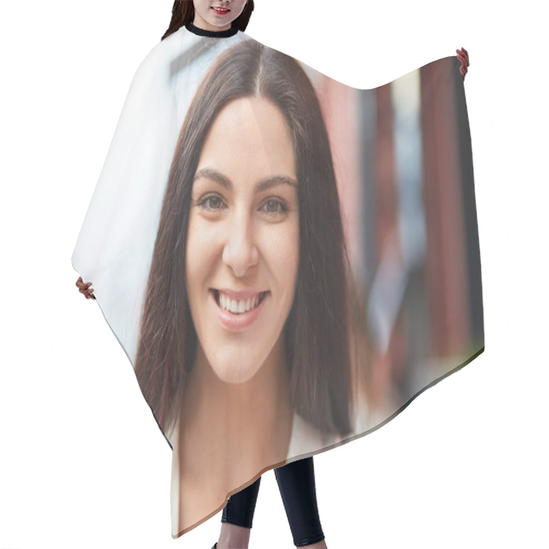 Personality  Headshot Of Pleasant Looking Charming Smiling Young Woman With Healthy Skin, Dark Hair, Being In Good Mood, Shows Her Natural Beauty, Poses Outdoor Against Blurred Background. Happiness Concept Hair Cutting Cape