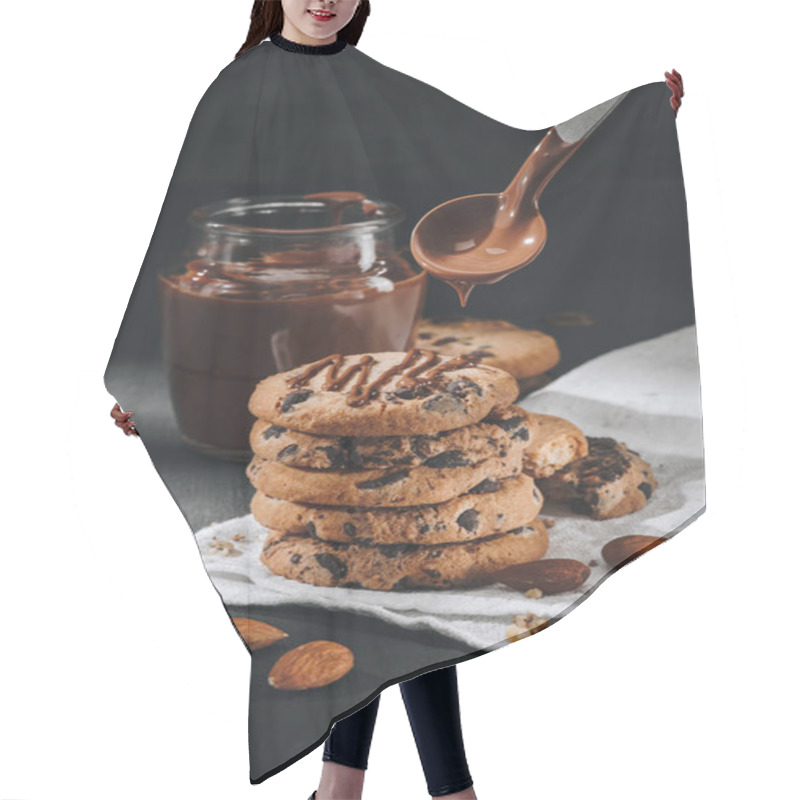 Personality  Close-up Shot Of Liquid Chocolate Pouring Onto Stacked Chocolate-chip Cookies Hair Cutting Cape