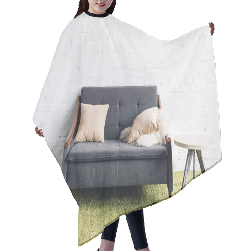 Personality  Small Couch In Modern Living Room With White Brick Wall, Mockup Concept Hair Cutting Cape