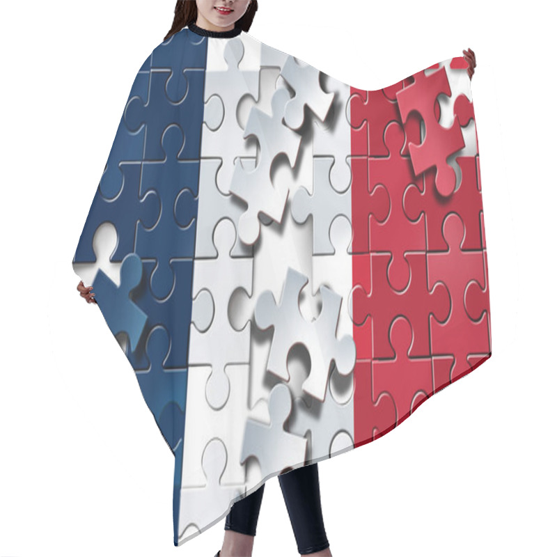 Personality  Crisis In France And French Government Collapse As A Symbol Of A European Government Crisis With Collapsing Puzzle Pieces Representing Paris Turmoil. Hair Cutting Cape