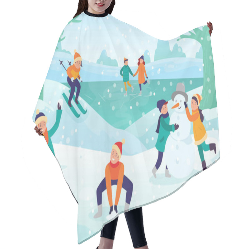 Personality  Winter Kids Activities Snow Fight And Ski. Vector Winter Activity Fight Season, Snow Outdoor Fun Illustration, Make Snowman Hair Cutting Cape