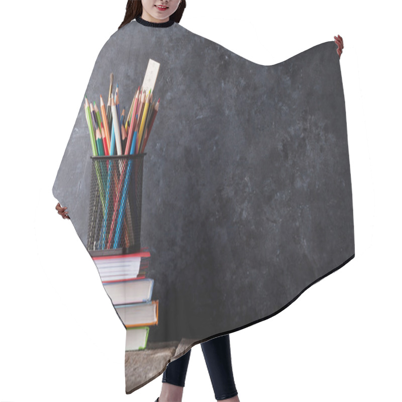 Personality  Supplies In Front Of Chalk Board Hair Cutting Cape