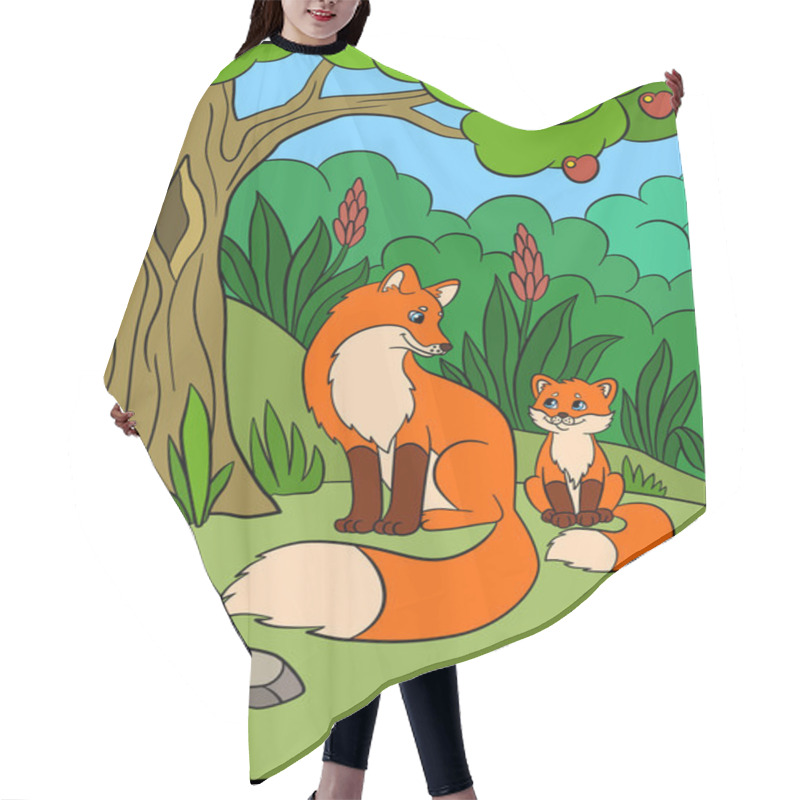 Personality  Coloring Pages. Wild Animals. Smiling Mother Fox With Her Little Cute Baby Fox In The Forest.  Hair Cutting Cape