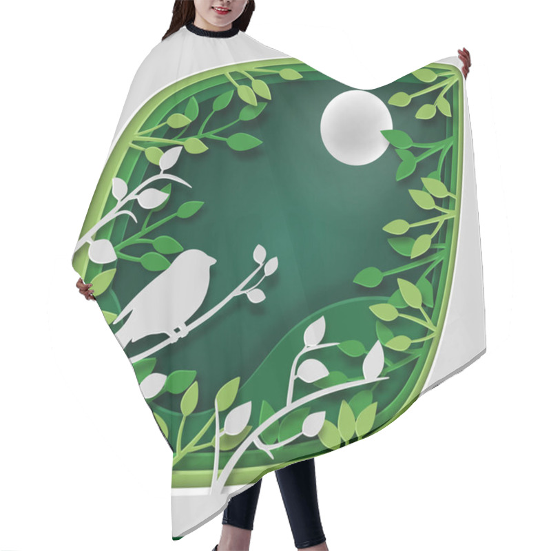 Personality  Paper Art Carve To Bird On Tree Branch In Forest At Night Vector Art And Illustration. Hair Cutting Cape