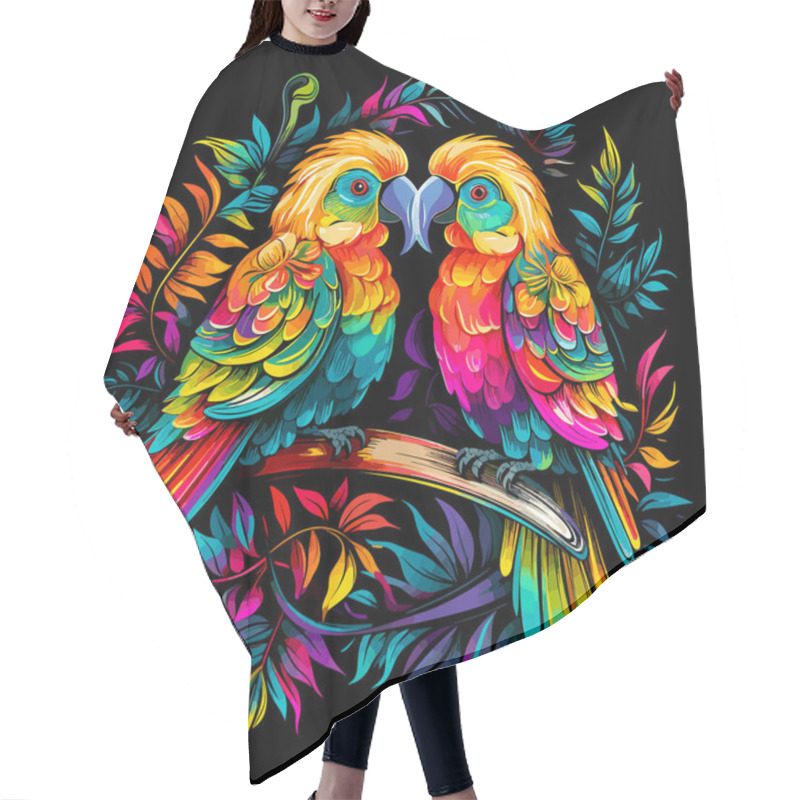 Personality  Tropical Birds Illustration. Decorative Colourful Image Of Parrots Among Bright Flowers Isolated On Black Background In Eye-catching Pop Art Style. Template For T-shirt, Sticker, Etc. Hair Cutting Cape