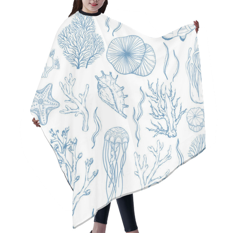 Personality  Seamless Monochrome Blue Attern With Marine Hand Drawn Corals And Marine Life. Hair Cutting Cape