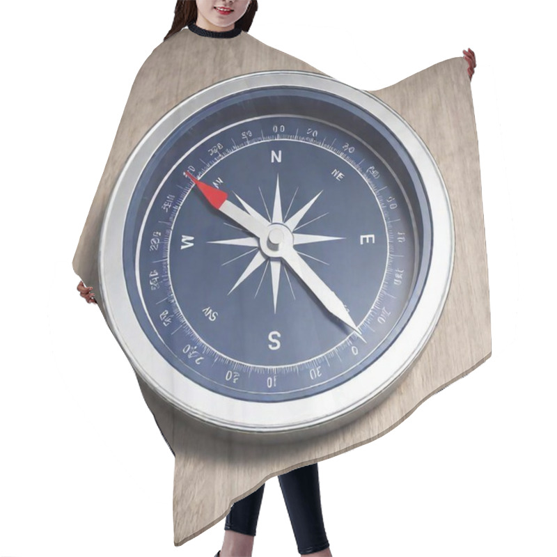 Personality  A High-resolution Digital Artwork Of A Close-up Compass. The Detailed Compass Features A Sleek, Modern Design With A Metallic Silver Pointer And Intricate Blue Directional Markers. The Compass Rests Against A Textured, Light-wood Surface, Adding A Hair Cutting Cape