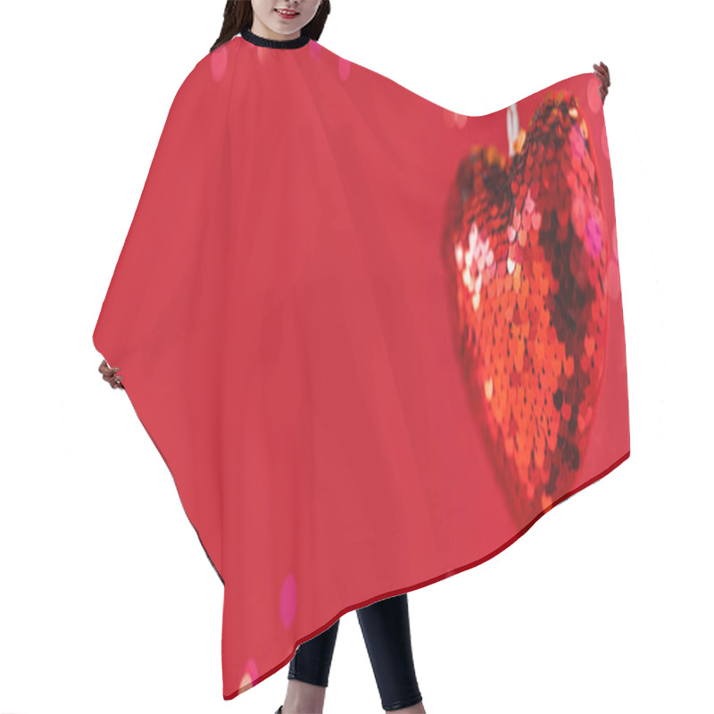 Personality  Hanging Red Sequins Valentine Heart On Red Background. Hair Cutting Cape