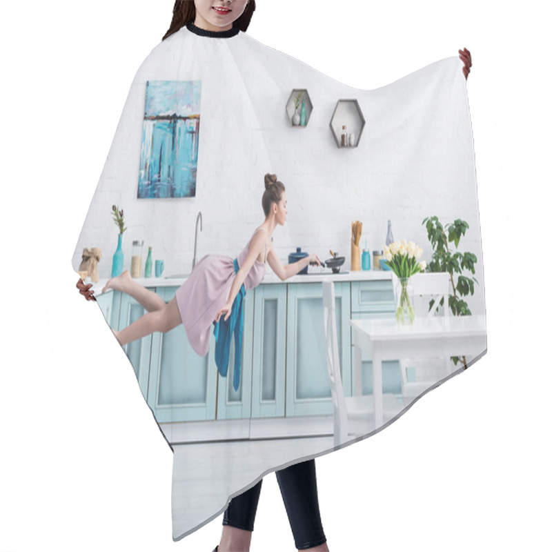 Personality  Beautiful Barefoot Girl In Elegant Dress And Apron Flying In Air With Pan In Kitchen Hair Cutting Cape