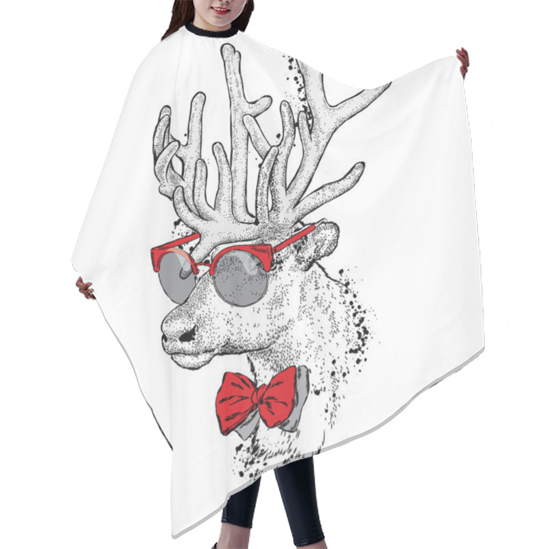 Personality  Beautiful Deer With Glasses And Tie. Vector Illustration For A Card Or Poster. Print On Clothes. Fashion & Style. Wild Animal. Hair Cutting Cape