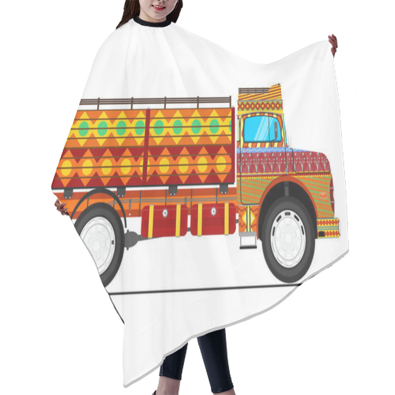 Personality  Jingle Truck. Retro Cartoon Indian Decorated Truck. Flat Vector. Hair Cutting Cape