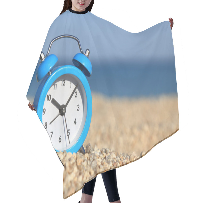 Personality  Vacation Time. Alarm Clock On The Beach Hair Cutting Cape