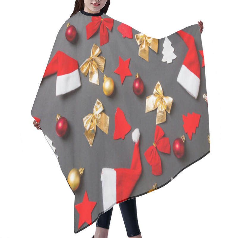 Personality  Top View Of Black Background With New Year Toys And Decorations. Christmas Time Concept. Hair Cutting Cape