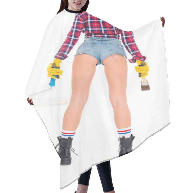 Personality  Rear View Of Sexy Girl In Gloves Holding Painting Roller And Brash, Isolated On White Hair Cutting Cape