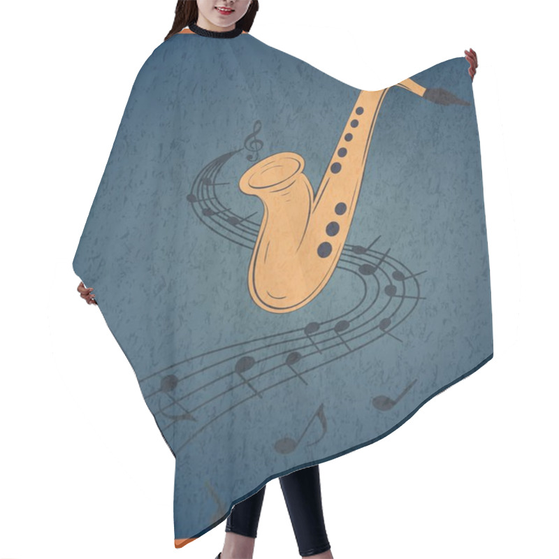 Personality  Vector Illustration Of Saxophone And Musical Notes On Stave.  Sax On Blue Grunge Background.  Hair Cutting Cape