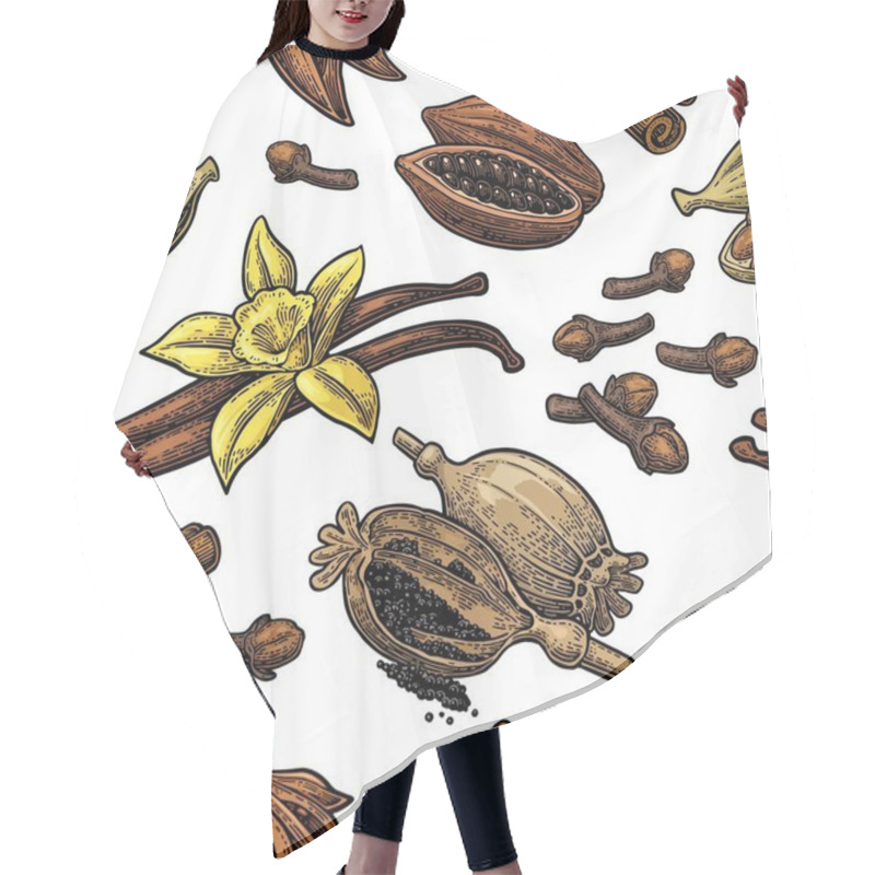 Personality  Seamless Pattern Set Of Spices. Hair Cutting Cape