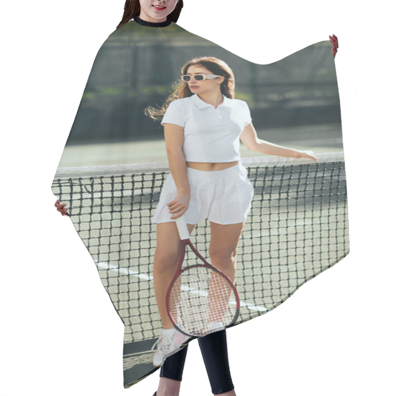 Personality  Miami, Florida, Active Lifestyle, Beautiful And Young Woman Standing In Stylish Outfit And Sunglasses While Holding Racket Near Tennis Net, Blurred Background, Iconic City, Sunny Day, Summer  Hair Cutting Cape