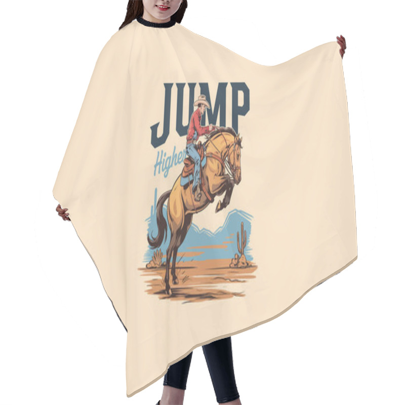 Personality  Cowboy Riding A Horse, Jumping Over Obstacles In The Desert. Hair Cutting Cape