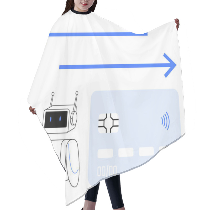 Personality  AI Robot Near Credit Card And Bidirectional Arrows Illustrating Automated Payment Systems, Secure Transactions, And Fintech Innovation. Ideal For Finance, E-commerce, AI, Banking, Mobile Payments Hair Cutting Cape