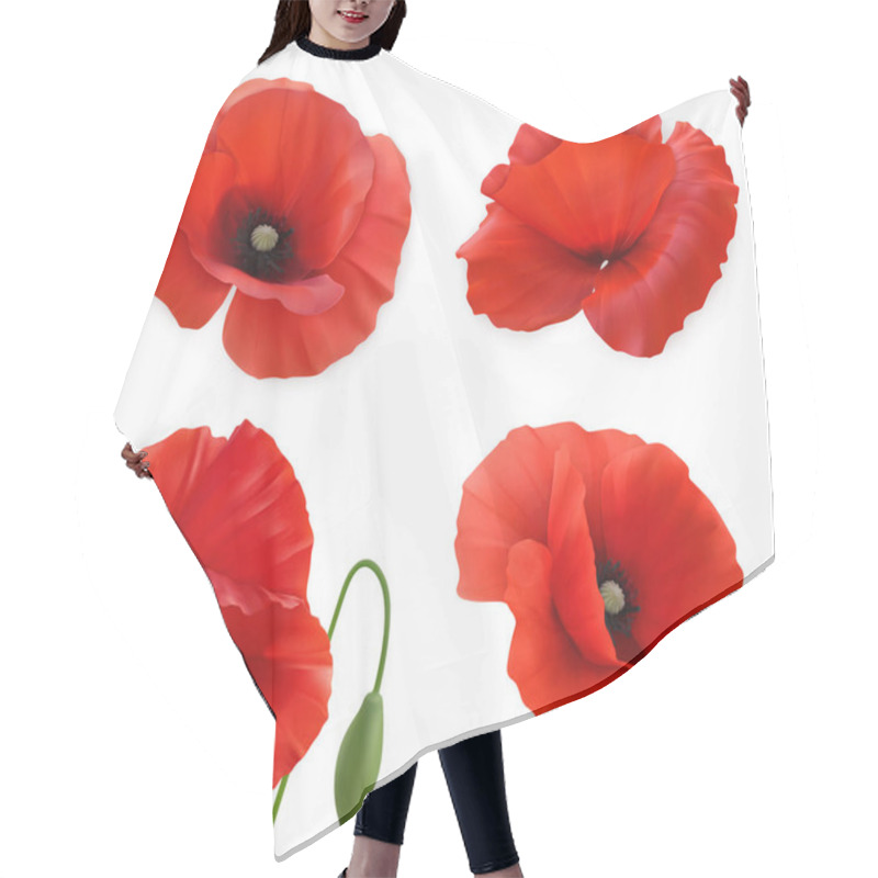 Personality  Red Poppies. Papaver Flowers 3d Realistic Vector Icon Set Hair Cutting Cape