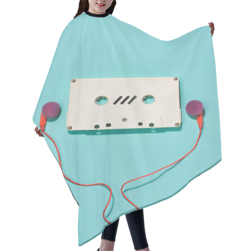 Personality  Flat Lay With White Retro Audio Cassette And Earphones Isolated On Blue Hair Cutting Cape