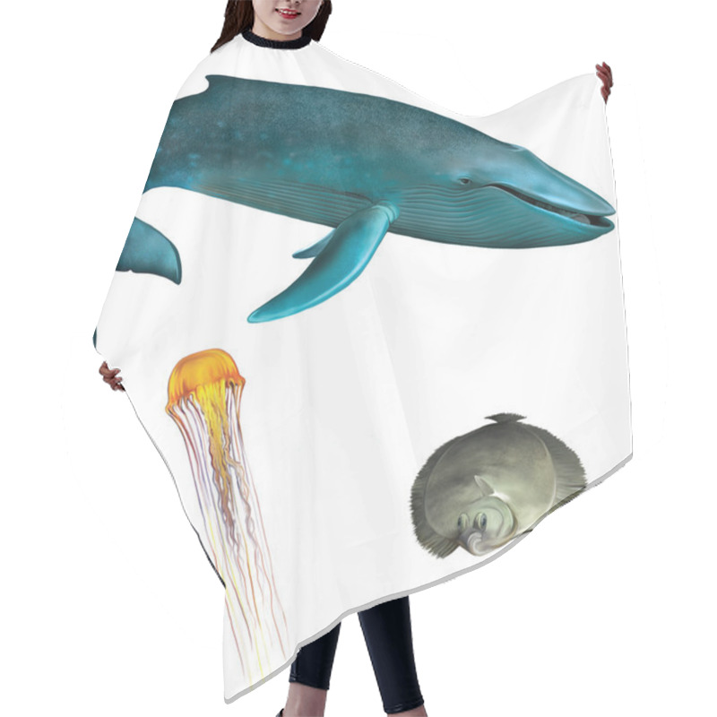 Personality  Blue Whale. Orange Medusa And Flounder Fish Hair Cutting Cape