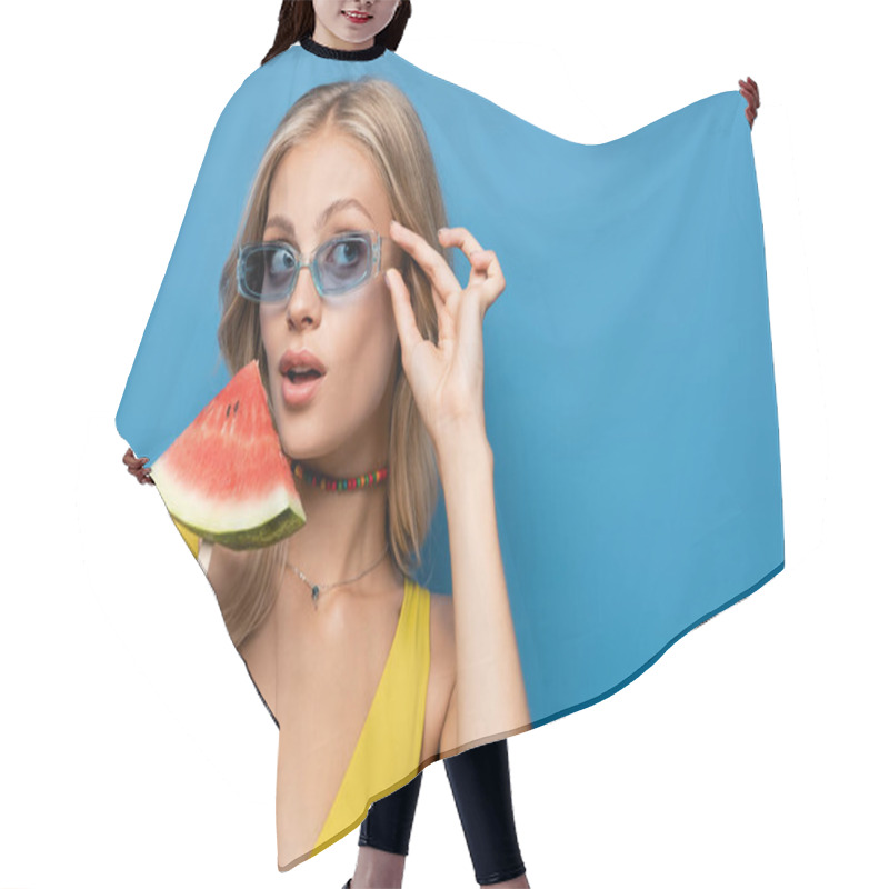 Personality  Young Woman Adjusting Sunglasses And Holding Popsicle Stick With Watermelon Isolated On Blue Hair Cutting Cape