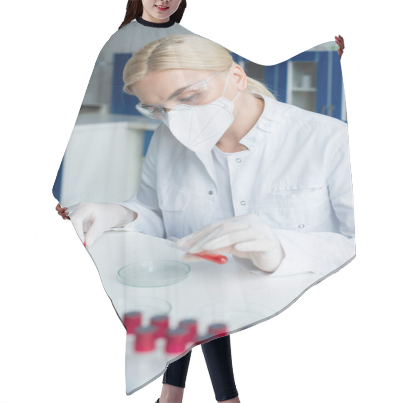 Personality  Blonde Scientist In Latex Gloves Holding Test Tube Near Petri Dishes In Laboratory  Hair Cutting Cape