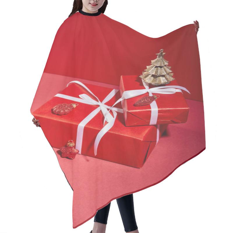 Personality  Red Gift Boxes And Decorative Golden Christmas Tree With Baubles On Red Background Hair Cutting Cape