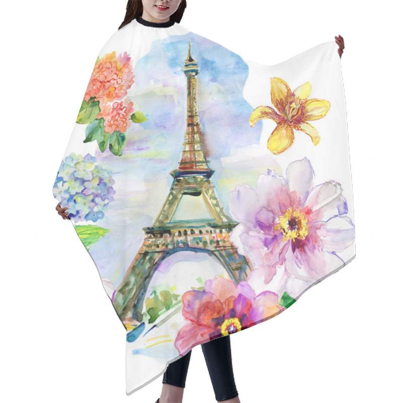 Personality  Hand Painted Eiffel Tower With Flowers. Hair Cutting Cape