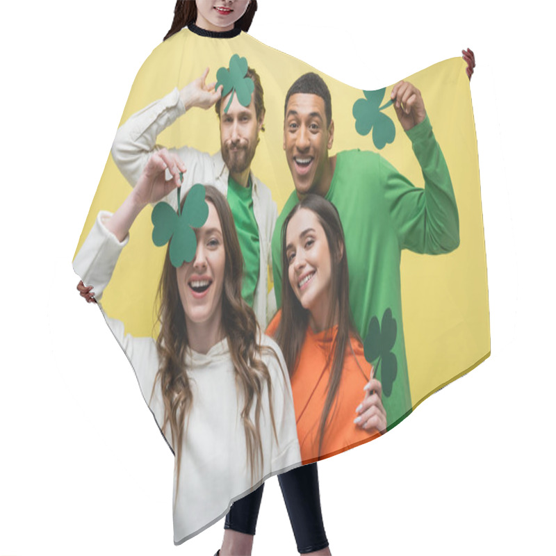 Personality  Smiling Multiethnic Friends Having Fun With Paper Clover Isolated On Yellow  Hair Cutting Cape