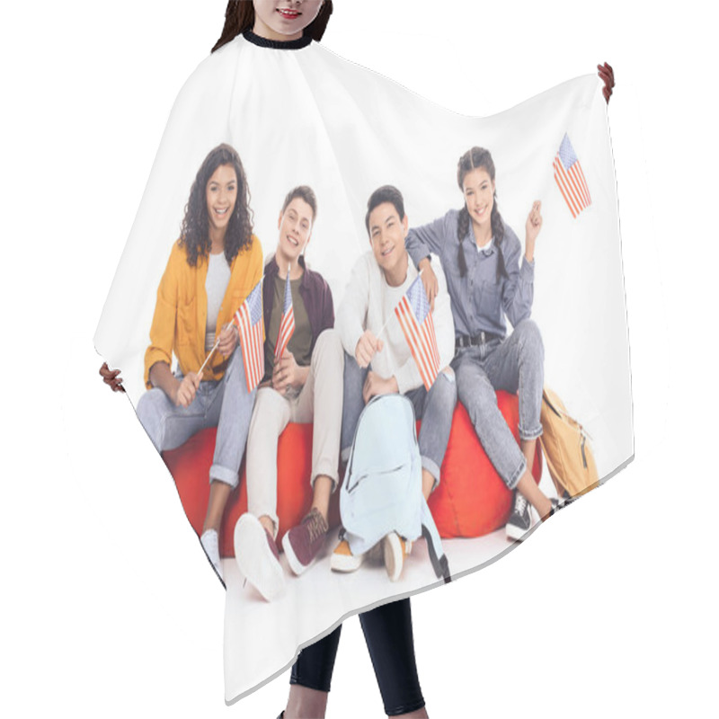 Personality  Group Of Teen Students With Usa Flags Sitting On Bean Bags Isolated On White Hair Cutting Cape