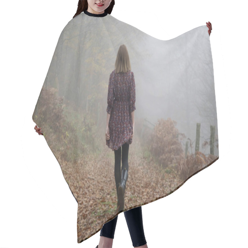 Personality  Outdoor Portrait Of Woman In Brown Dress During Foggy Autumn Morning In The Countryside. Hair Cutting Cape