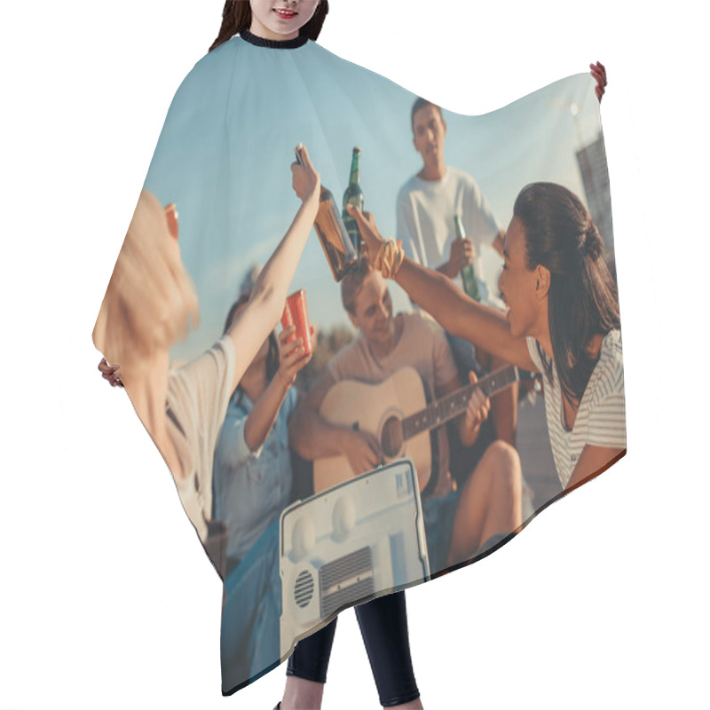 Personality  Friends Having Party On Roof Hair Cutting Cape