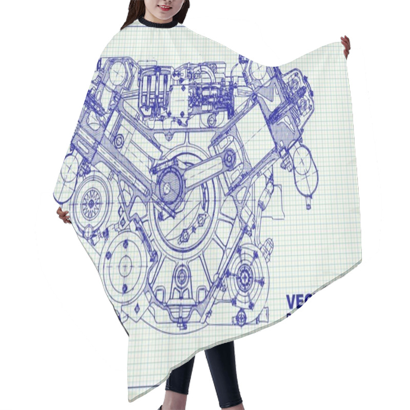 Personality  Drawing Old Engine On Graph Paper. Hair Cutting Cape