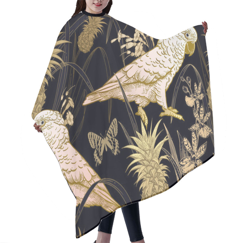 Personality  Seamless Black Background With Gold Parrot, Flowers, Butterfly A Hair Cutting Cape