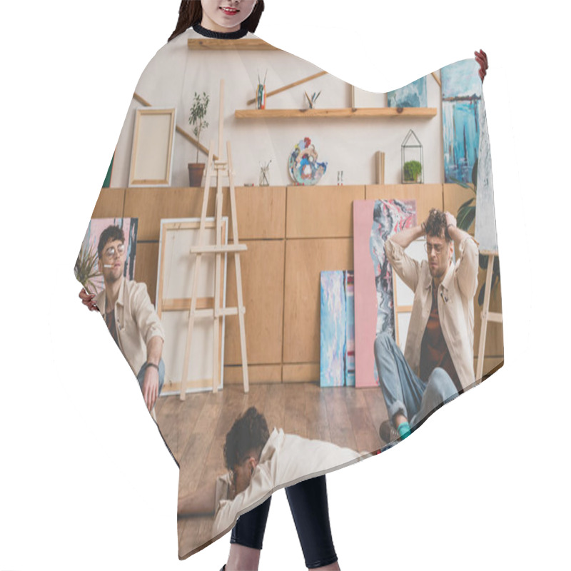 Personality  Multiple Exposure Of Artist In Lying And Seating Poses In Painting Studio Hair Cutting Cape