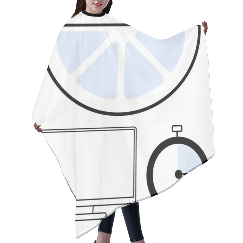 Personality  Lemon Slice, Computer Monitor, And Stopwatch. Ideal For Health, Technology, Productivity, Time Management, Wellness Efficiency And Digital Life Themes. Line Metaphor Hair Cutting Cape