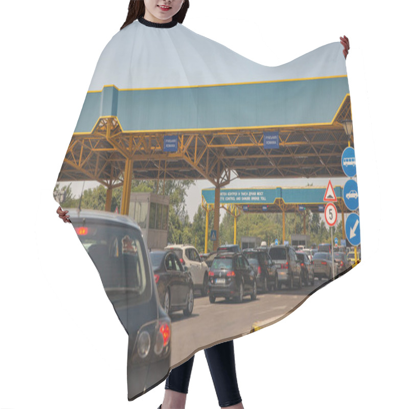 Personality  Ruse, Buylgaria - August 12, 2021: Line Of Cars Stopped At Customs Vignette Control And Danube Bridge Toll Chekpoint Crossing Of The Bulgaria - Romania State Border. Hair Cutting Cape