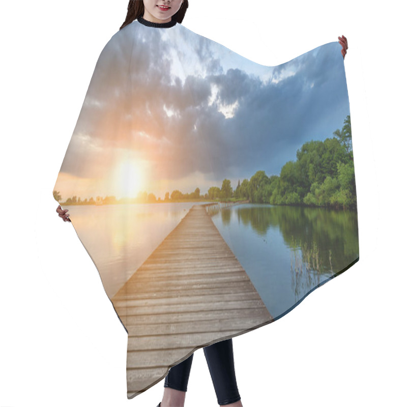 Personality  Wooden Path Bridge Over Lake At Stormy Dramatic Sunset Hair Cutting Cape