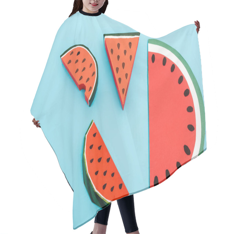 Personality  Top View Of Paper Watermelon Slices On Blue Background Hair Cutting Cape