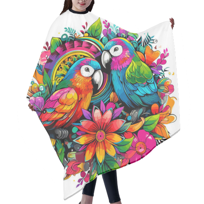 Personality  Tropical Birds Illustration. Decorative Colourful Image Of Parrots Among Bright Flowers Isolated On White Background In Eye-catching Pop Art Style. Template For T-shirt, Sticker, Etc. Hair Cutting Cape