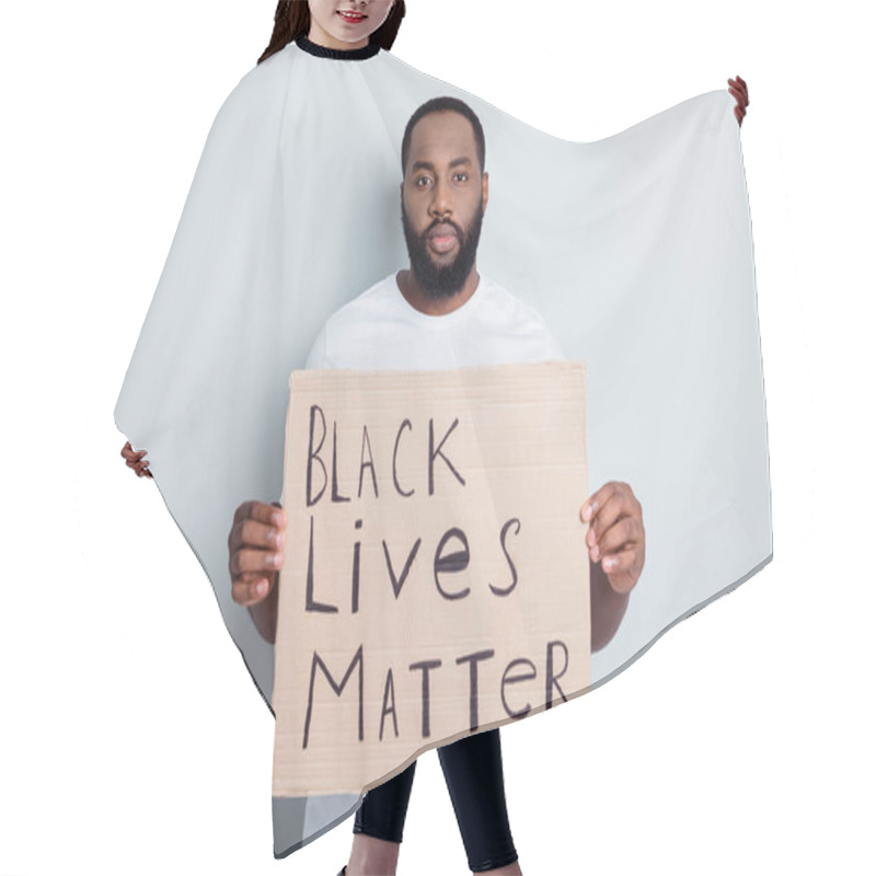 Personality  Black Lives Matter. Photo Of Serious Disappointed Dark Skin African Protester Placard Community Against Black Citizens Lawlessness Stop Murder People Concept Isolated Grey Color Background Hair Cutting Cape