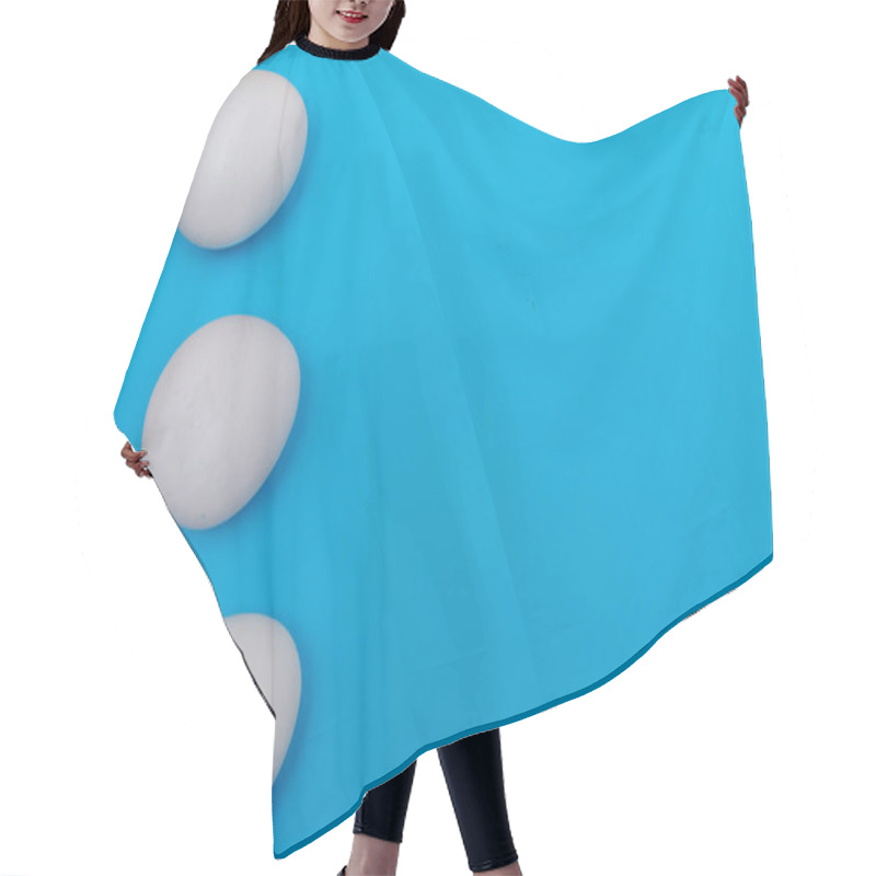 Personality  Three Easter Holiday Flat Lay With White Egg On A Solid Bright Blue Vibrant Background With Copy Space On Right. Hair Cutting Cape