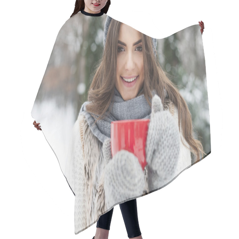 Personality  Winter Woman With Cup Of Hot Tea Hair Cutting Cape